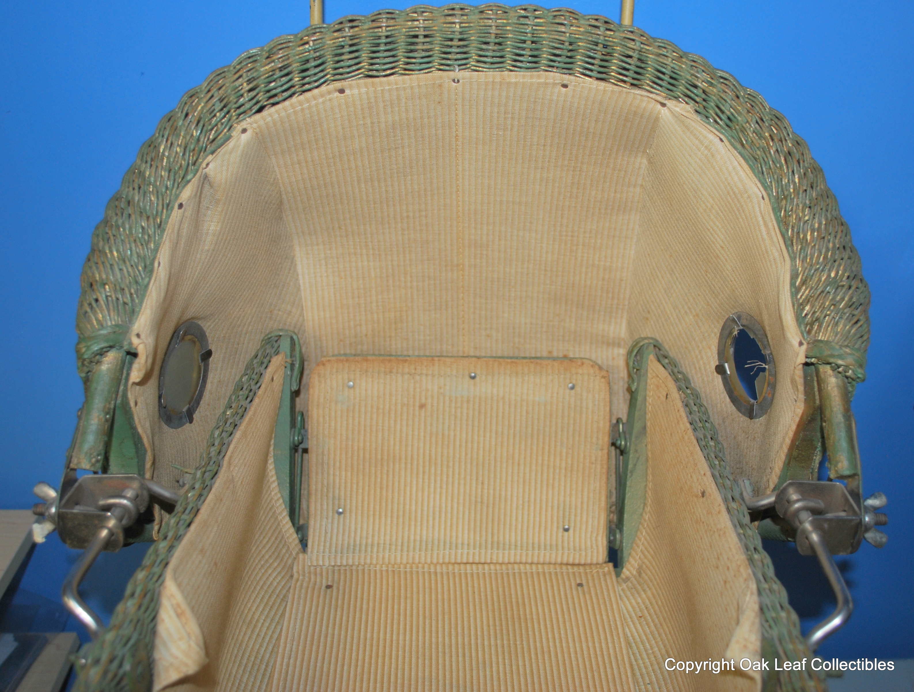 Vintage Baby Doll Carriage Stroller Buggy Cloth & Wicker. With bedding